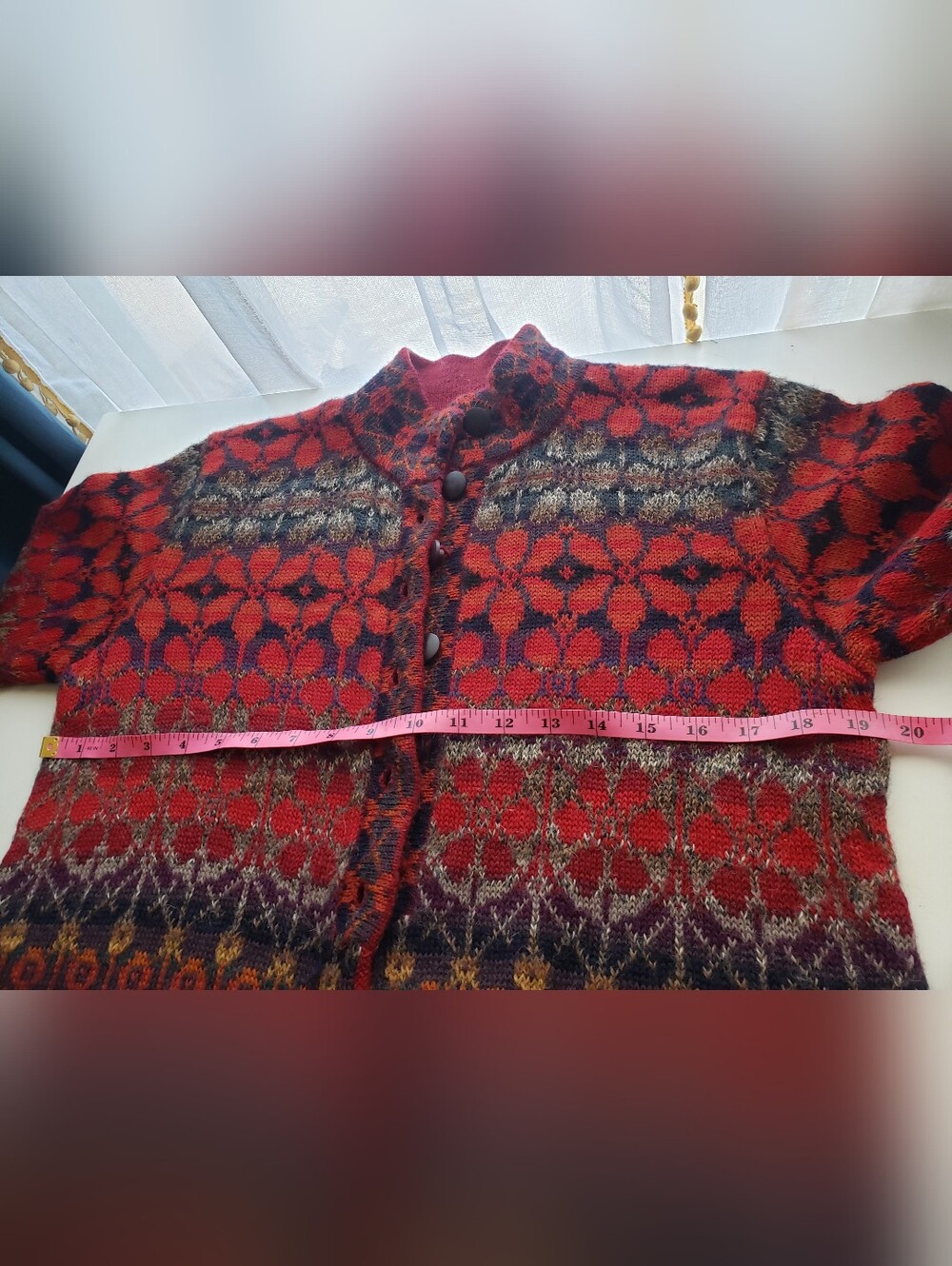 Intiwara 100% Soft Alpaca Red Multicolor Patterned Knit Cardigan Sweater - Picture 9 of 11